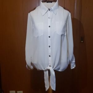 Cream tie blouse w/faux leather accents